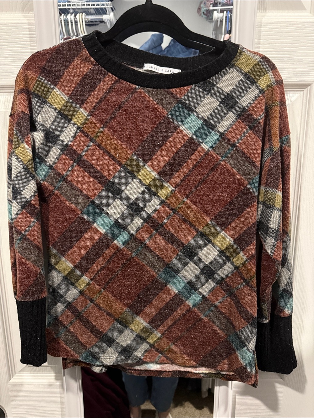 Chris & Carol Rust Plaid Sweater with Teal, Olive & Black Accents
